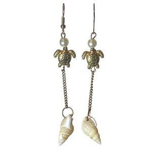 Vintage Brass Turtle, Pearl & Shell Long Dangling Drop Statement Earrings
